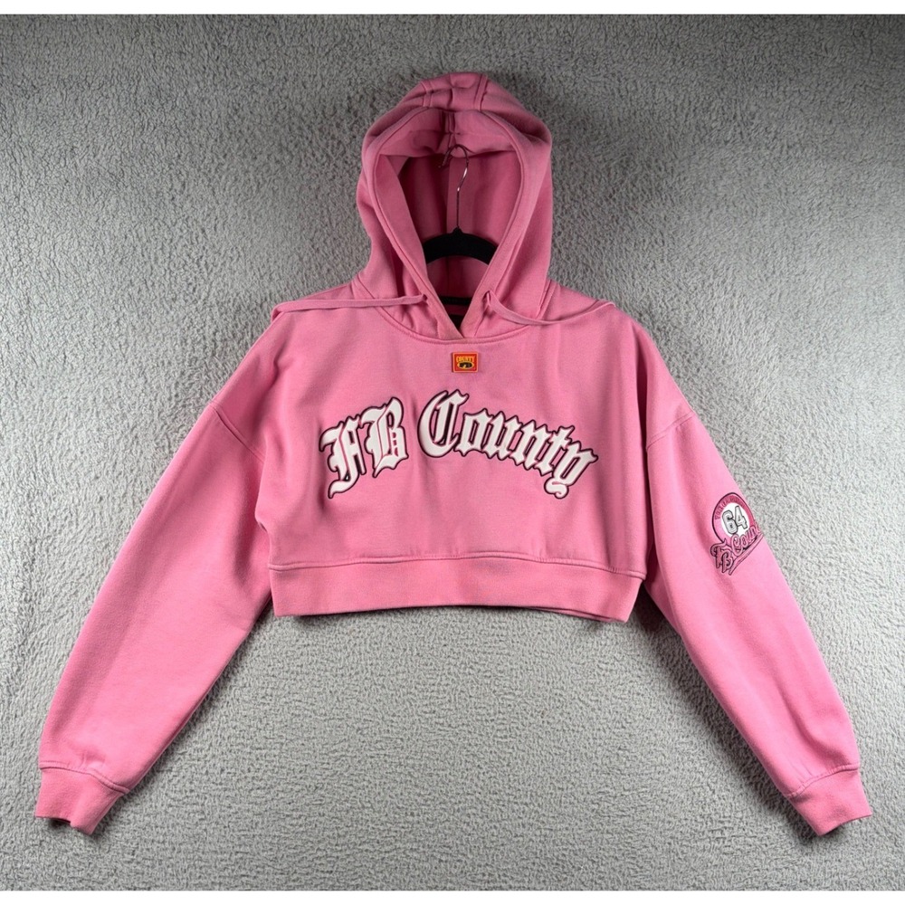 FB County Pink Cropped Old School Hoodie Sweatshirt Embroidered Women's M Y2K